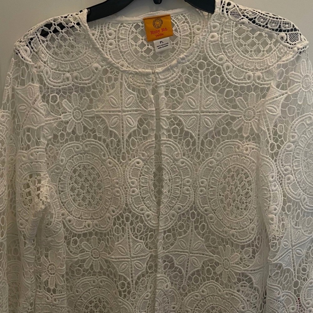 Ruby Rd White Lace Open Front Cardigan Scalloped Hem Top Petite Large